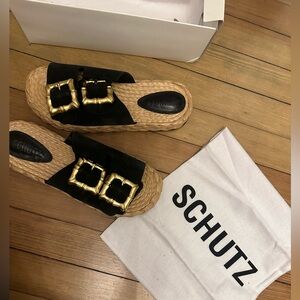 SCHUTZ Black and Gold Buckle Sandals